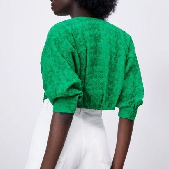 Zara Knotted Embroidery Green Top Small - Picture 5 of 10